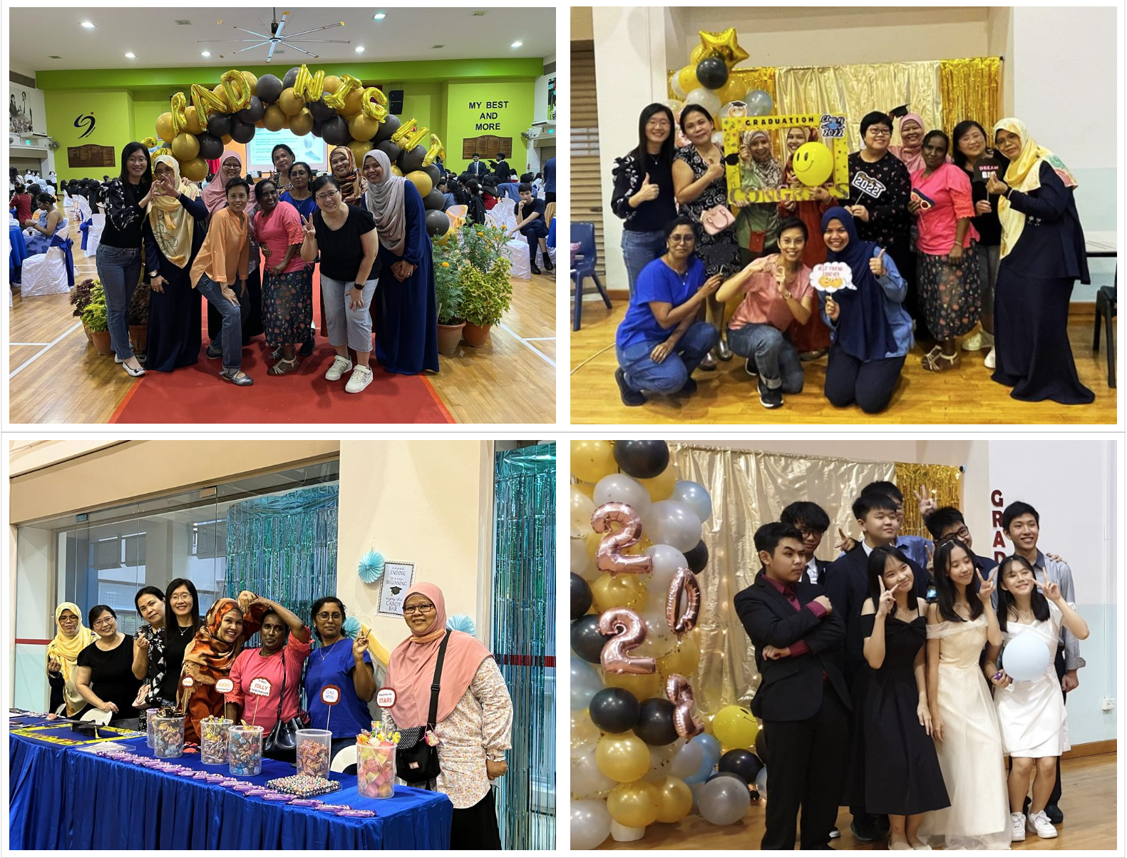 Four photos of diverse groups posing at a graduation celebration with gold and black balloon decorations.